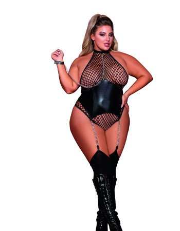 Σέξι κορμάκι μεγάλο δίχτυ με δερμάτινο κορσέ