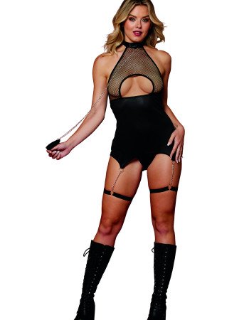 Σέξι εφαρμοστό φόρεμα σε faux leather με ζαρτιέρες και αξεσουάρ!