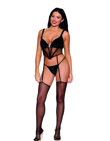 Σέξι γυναικείο βελούδινο μπούστο με ζαρτιέρες και στρινγκ